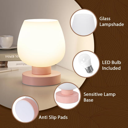 Seealle Touch Table Lamp for Nightstand - Small Bedside Lamp for Bedroom Living Room Night Stands, Desk Lamp with White Glass Shade for Small Spaces, 3 Way Dimmable, LED Bulbs, Gifts