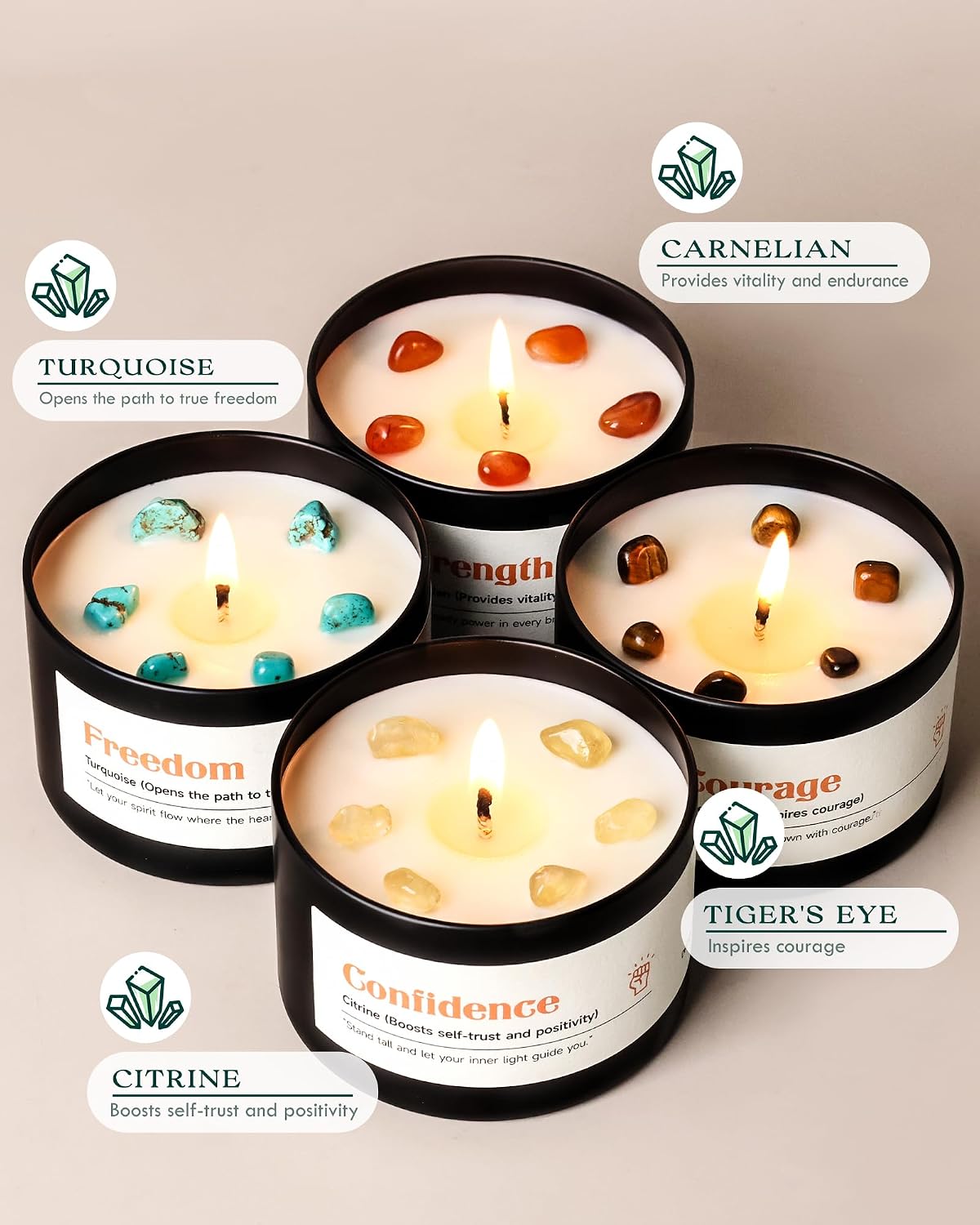AOOVOO Crystal Energy Candles Set for Women - 4 Pack 26 oz Soy Wax Candles for Home Scented, 200 Hour Long Lasting Candle, Laughter Red Crystal/Love Rose Quartz/Joy Citrine/Passion Red Quartz