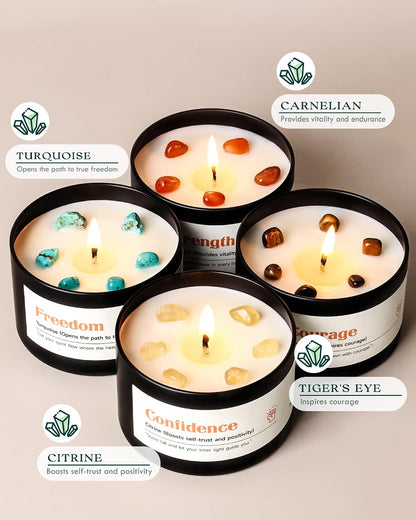AOOVOO Crystal Energy Candles Set for Women - 4 Pack 26 oz Soy Wax Candles for Home Scented, 200 Hour Long Lasting Candle, Laughter Red Crystal/Love Rose Quartz/Joy Citrine/Passion Red Quartz