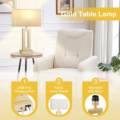 Gold Table Lamps Set of 2, 16.4" Bedside Lamps for Nightstand with USB C+A
