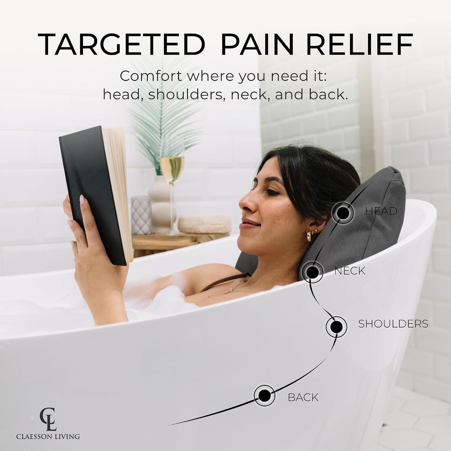 Luxury Bath Pillow for Tub - Thick and Comfortable Bathtub Pillow Support for Head and Neck and Back - Washable Quick-Drying Bath Pillows - Bath Cushion for Home Spa - Fits Any Bathtub - Light Gray