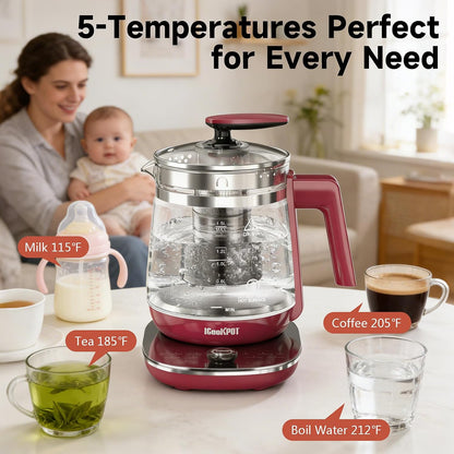 Electric Kettle 1.5L Borosilicate Glass, 1200W Temperature Control Tea Kettle with Auto Shut-Off & Boil-Dry Protection, BPA-Free Stainless Steel Base, Fast Boil for Coffee & Keep Warm, White