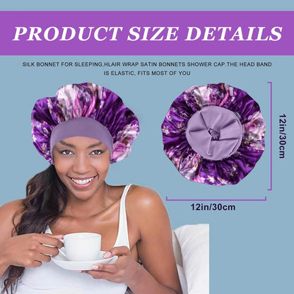 4PCS Silk Satin Bonnets for Black Women & Men - Elastic Wide Band Hair Wrap Cap for Curly Hair - Shower Cap for Sleeping (Black, Peacock Blue, Pink, Khaki)