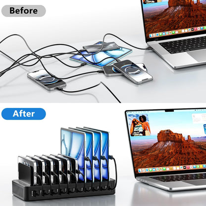 USB C Charging Station for Multiple Devices, 10-Port 100W Charging Dock, with Adjustable Dividers, USB-C Power Hub, Compatible with iPhone/Samsung/Google/Tablets/USB Devices (with 10 Cables)