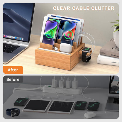 Bamboo Charging Station for Multiple Devices with USB Charger, 5 Cables