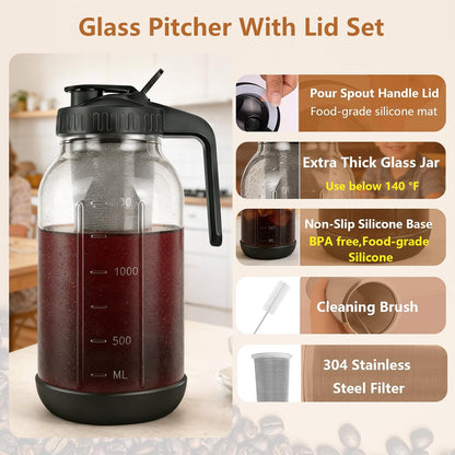 Cold Brew Coffee Maker,64 oz Mason Jar Pitcher with Stainless Steel Filter, Pour Spout Handle Lid, Heavy Duty Glass Airtight & Leak-Proof for Iced Coffee,Tea & Lemonade