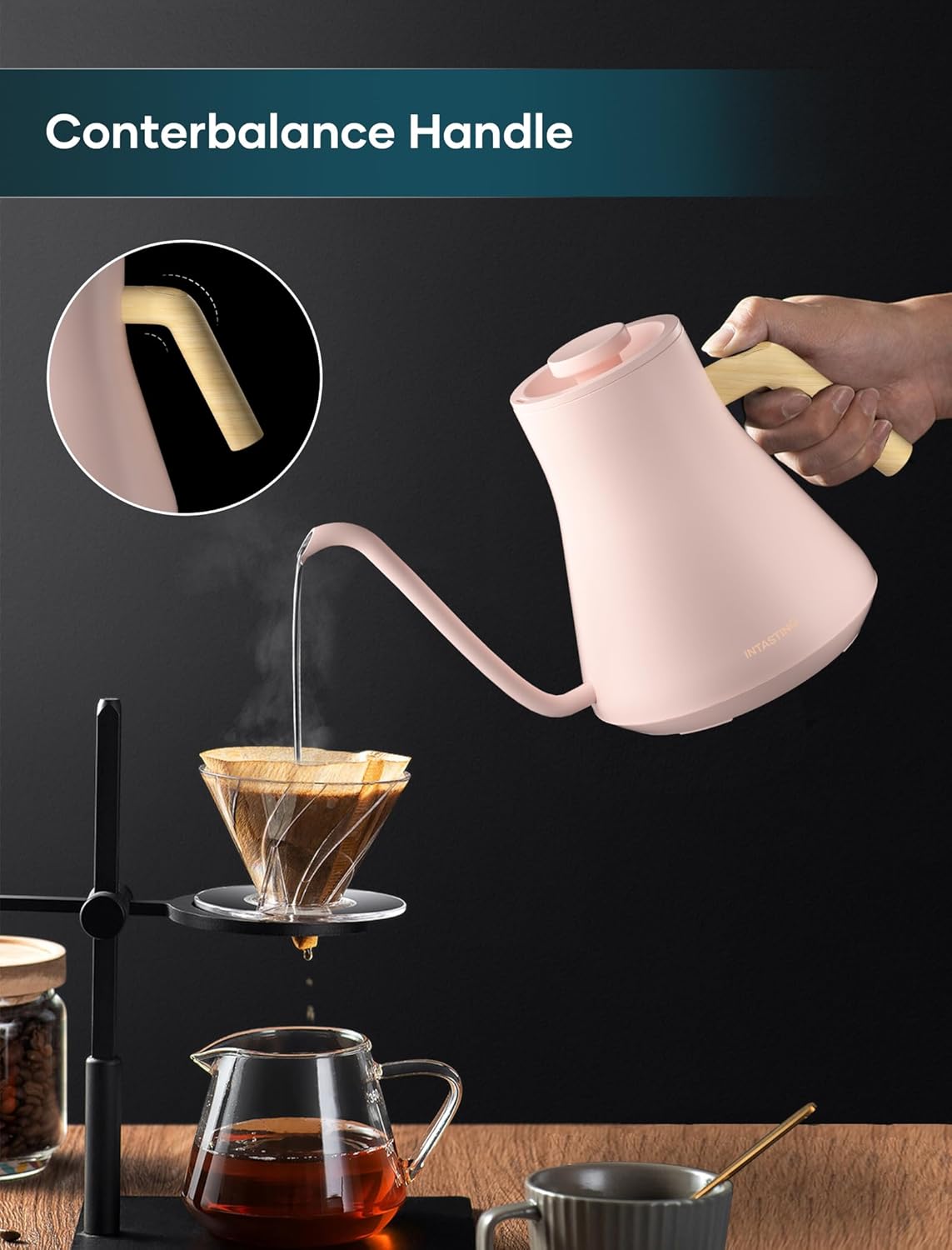 INTASTING Electric Kettles, Gooseneck Electric Kettle, ±1℉ Temperature Control, Stainless Steel Inner, Quick Heating, for Pour Over Coffee, Brew Tea, Boil Hot Water, 0.9L Black