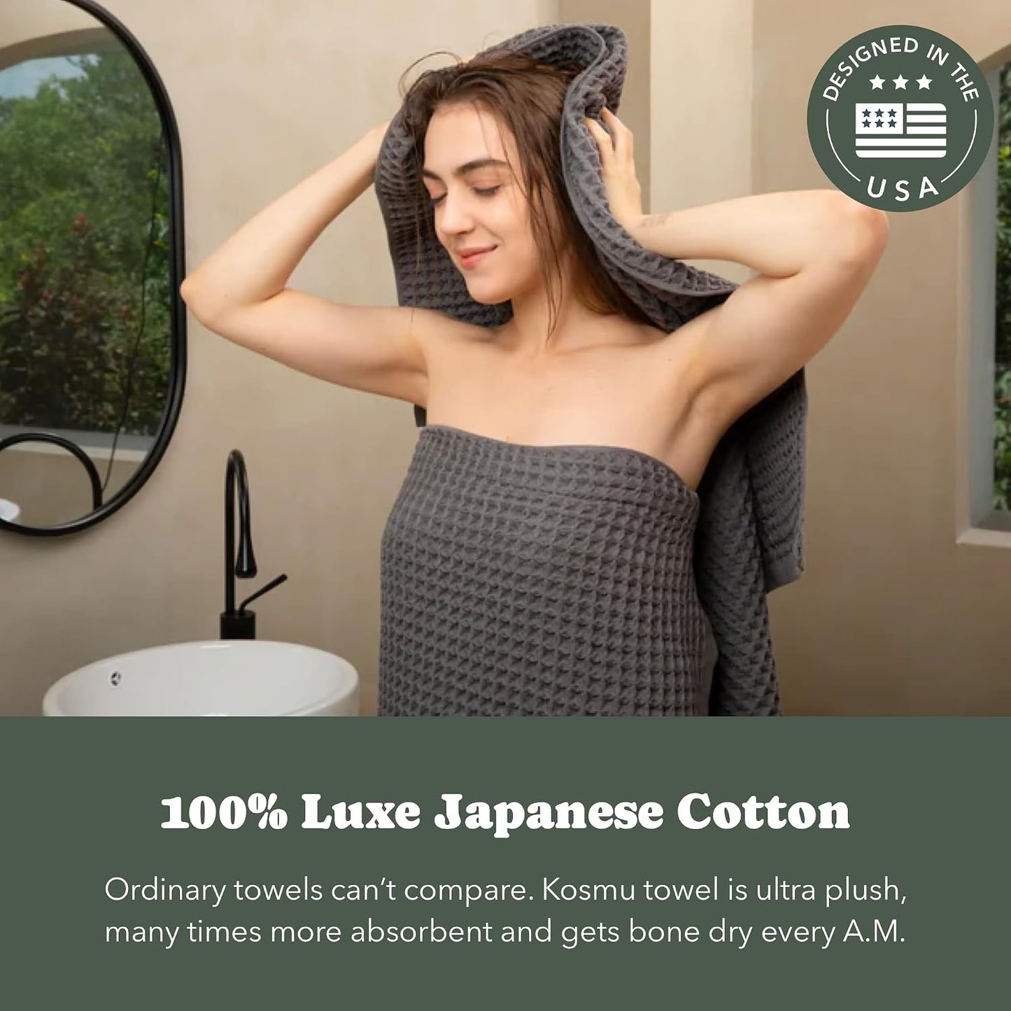 Luxury Organic Japanese Cotton Hair Drying Waffle Towel Wrap for Women | Absorbent, Quick-Dry Head Turban for Shower, Sauna, Spa | Extra Large for Long, Curly, Straight Hair With Button (White, 1 Pc)