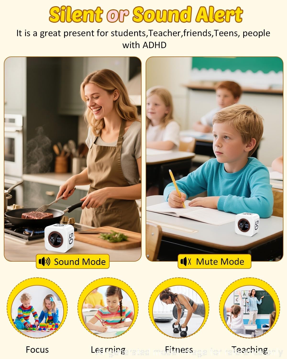 Digital Pomodoro Timer Cube 5/10/25/50min, Visual Productivity Flip Timer for Kids Classroom Desk, Custom Countdown, Silent and Sound Mode for ADHD Study Work Game Kitchen (Orange)