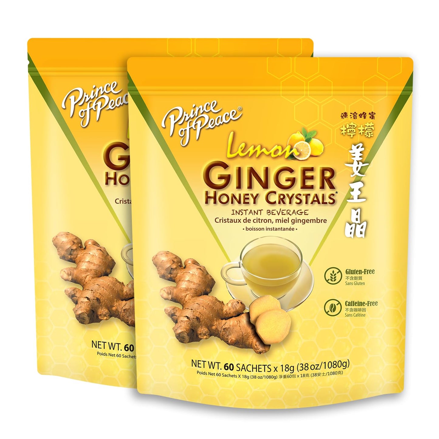 Prince of Peace Instant Ginger Honey Crystals with Turmeric, 60 Sachets - pack of 2 – Instant Hot or Cold Beverage that Soothes Throat – Easy to Brew – Drink Like a Tea – Gluten Free – Real Ginger