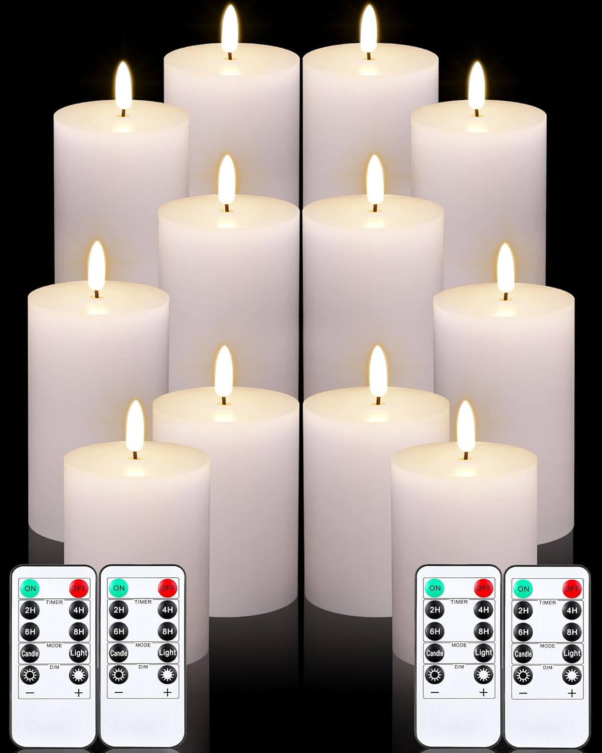 VIHOSE 12 Pack White Flameless Candles Set with Remote and Timer Flickering Flameless Battery Candles Flat Top LED Pillar for Wedding Outdoor Home Festival Decoration(D 3'' H 4'' 5'' 6'')