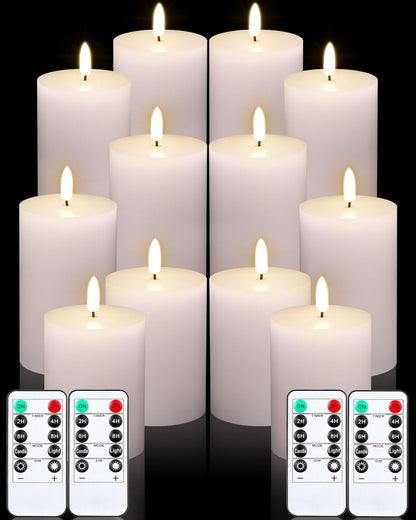 VIHOSE 12 Pack White Flameless Candles Set with Remote and Timer Flickering Flameless Battery Candles Flat Top LED Pillar for Wedding Outdoor Home Festival Decoration(D 3'' H 4'' 5'' 6'')