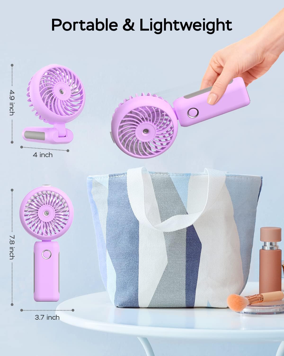 Portable Handheld Misting Fan, USB Rechargeable, Foldable with Water Tank, 3 Speeds, for Travel and Outdoors (purple)