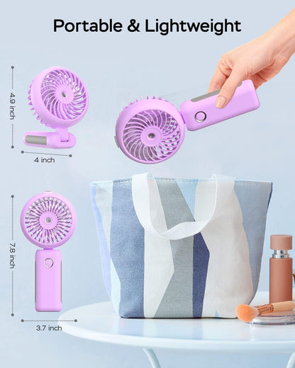 Portable Handheld Misting Fan, USB Rechargeable, Foldable with Water Tank, 3 Speeds, for Travel and Outdoors (purple)