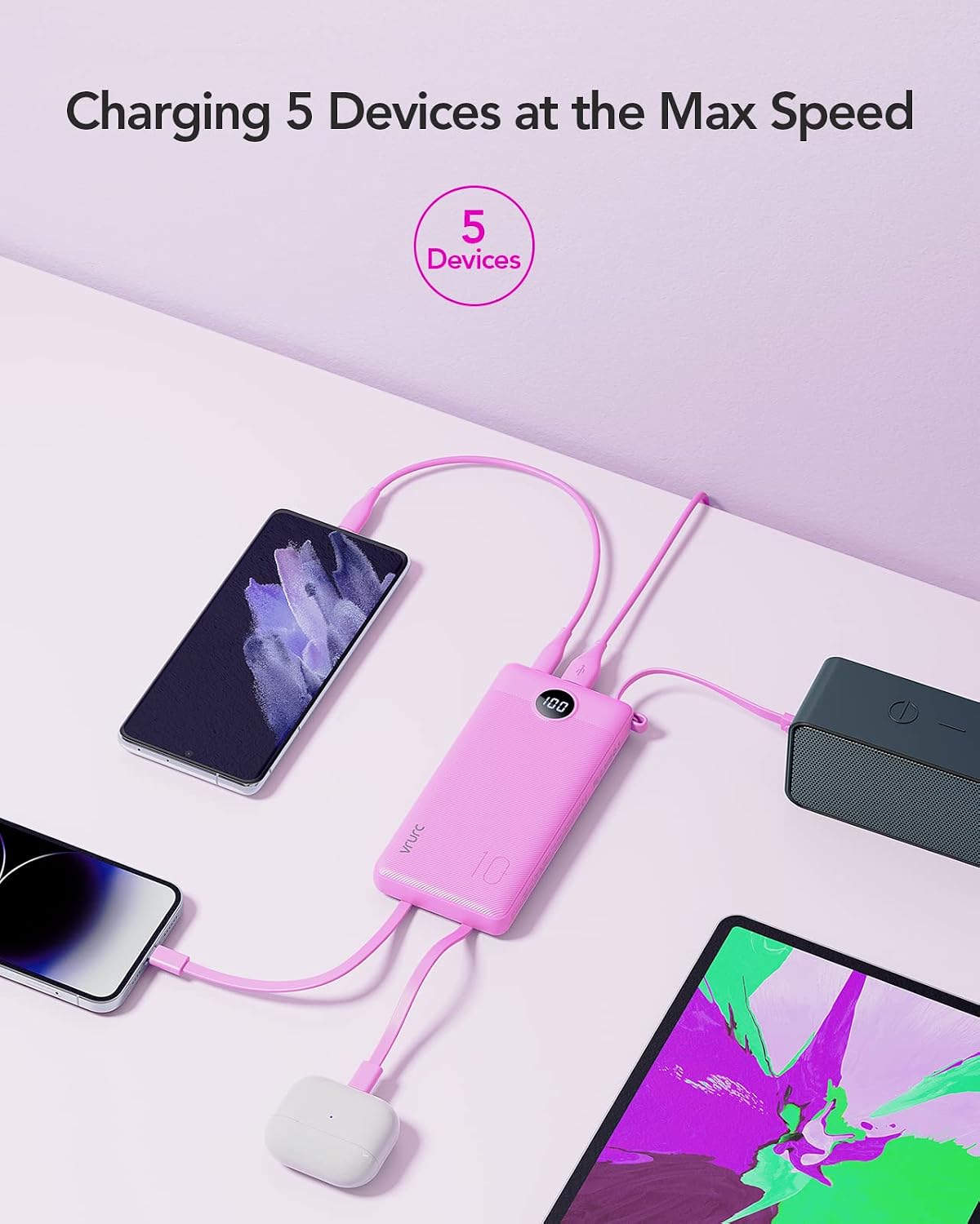 VRURC Portable Charger, Slim Power Bank Built-in 4 Cables, Travel Essential