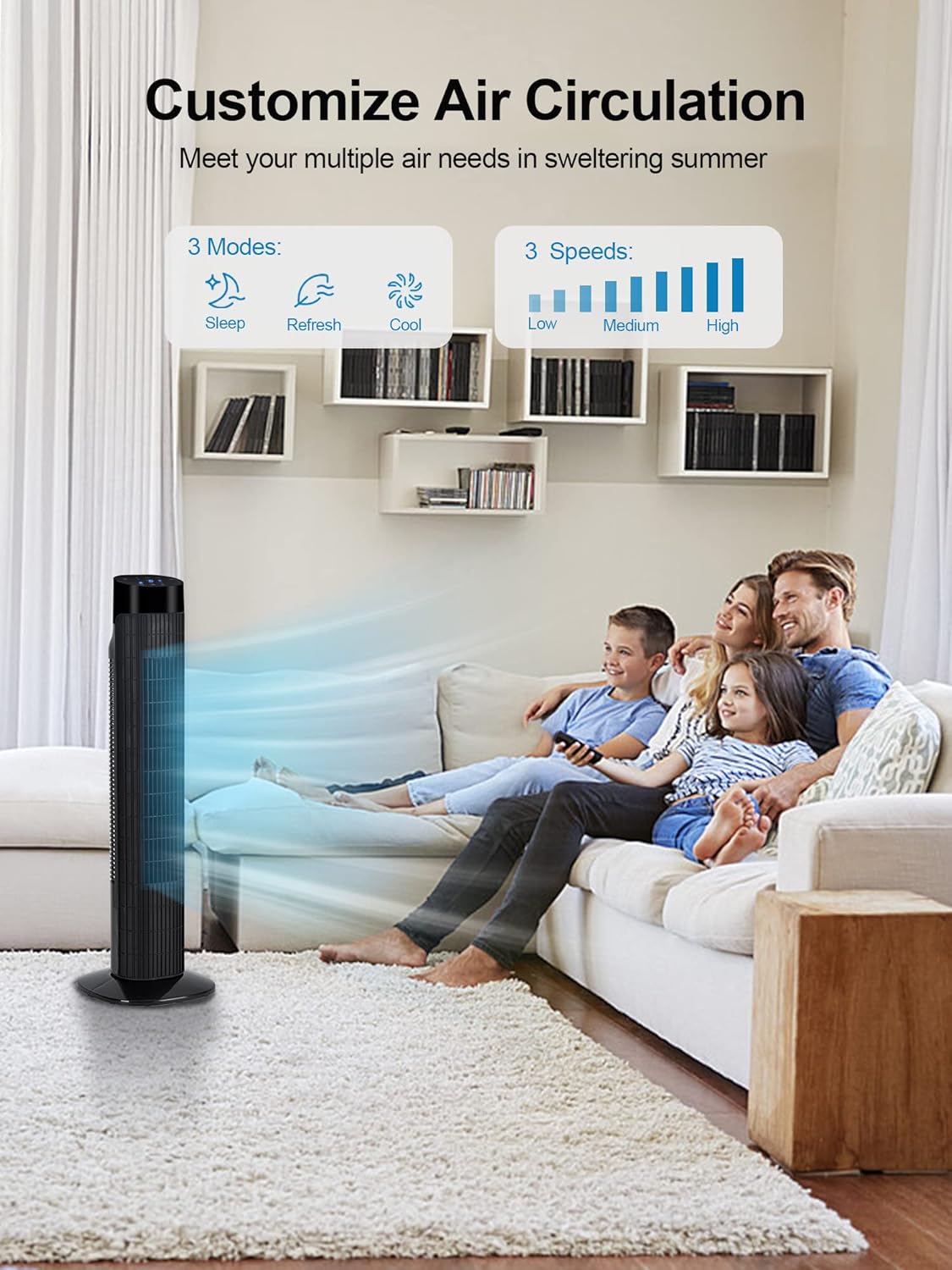 Uthfy Tower Fan with Remote, Portable 120° Oscillating Standing Fan, 3 Speeds & 3 Modes, 7.5H Timer, Fans That Blow Cold Air for Bedroom, Living Room, Office, Black