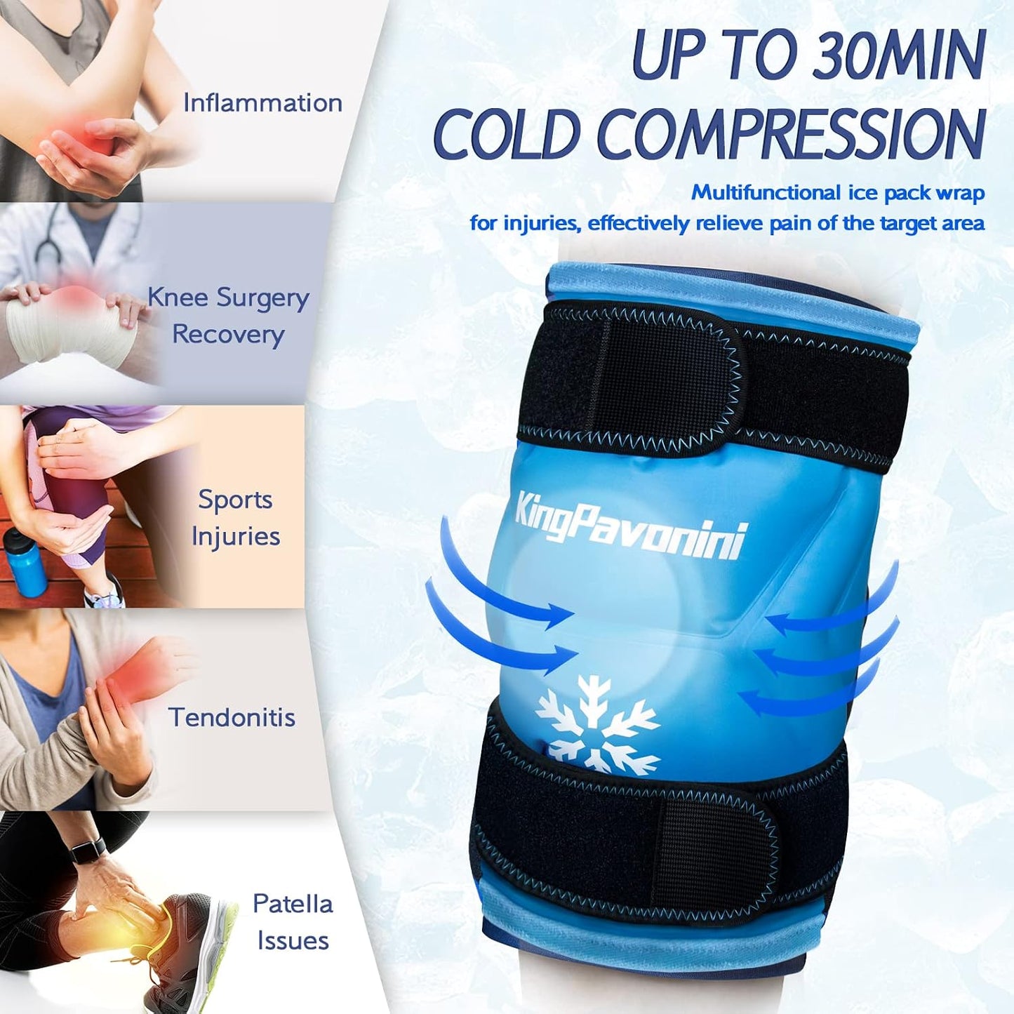 KingPavonini XXL Knee Ice Pack Wrap Around Entire Knee After Surgery, Large Reusable Gel Ice Pack for Injuries, Pain Relief, Swelling, Sports Injuries, 1 Pack (Blue)