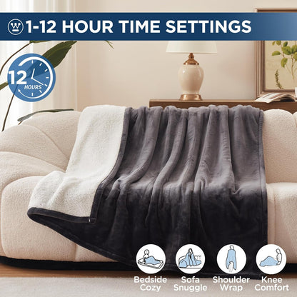 Westinghouse Heated Throw Blanket, Electric Blanket Throw with 6 Heating Levels and 2-10 Hours Time Settings, Flannel to Sherpa Super Cozy Heated Blanket Machine Washable, 50x60 inch, Charcoal