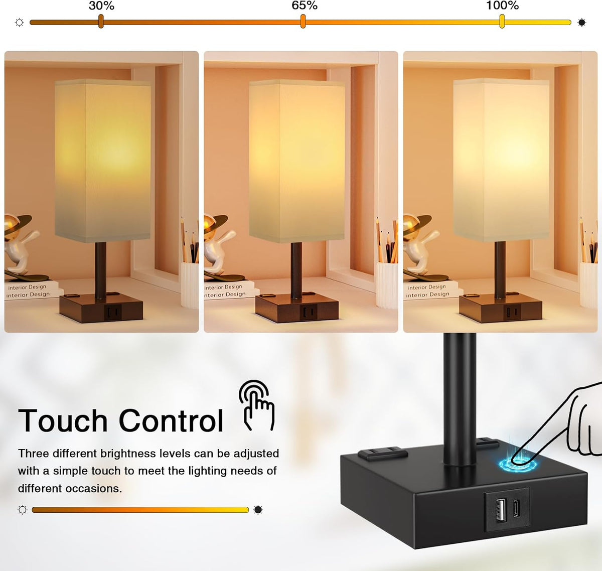 Touch Bedside Table Lamp for Bedroom - Dimmable, USB C+A, 2 AC Outlets