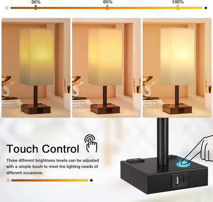 Touch Bedside Table Lamp for Bedroom - Dimmable, USB C+A, 2 AC Outlets