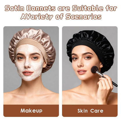 2Pcs Satin Hair Bonnets,Silk Bonnet for Sleeping, Soft Elastic Band Silk Sleep Cap, Hair Wrap for Women (Gold Black)