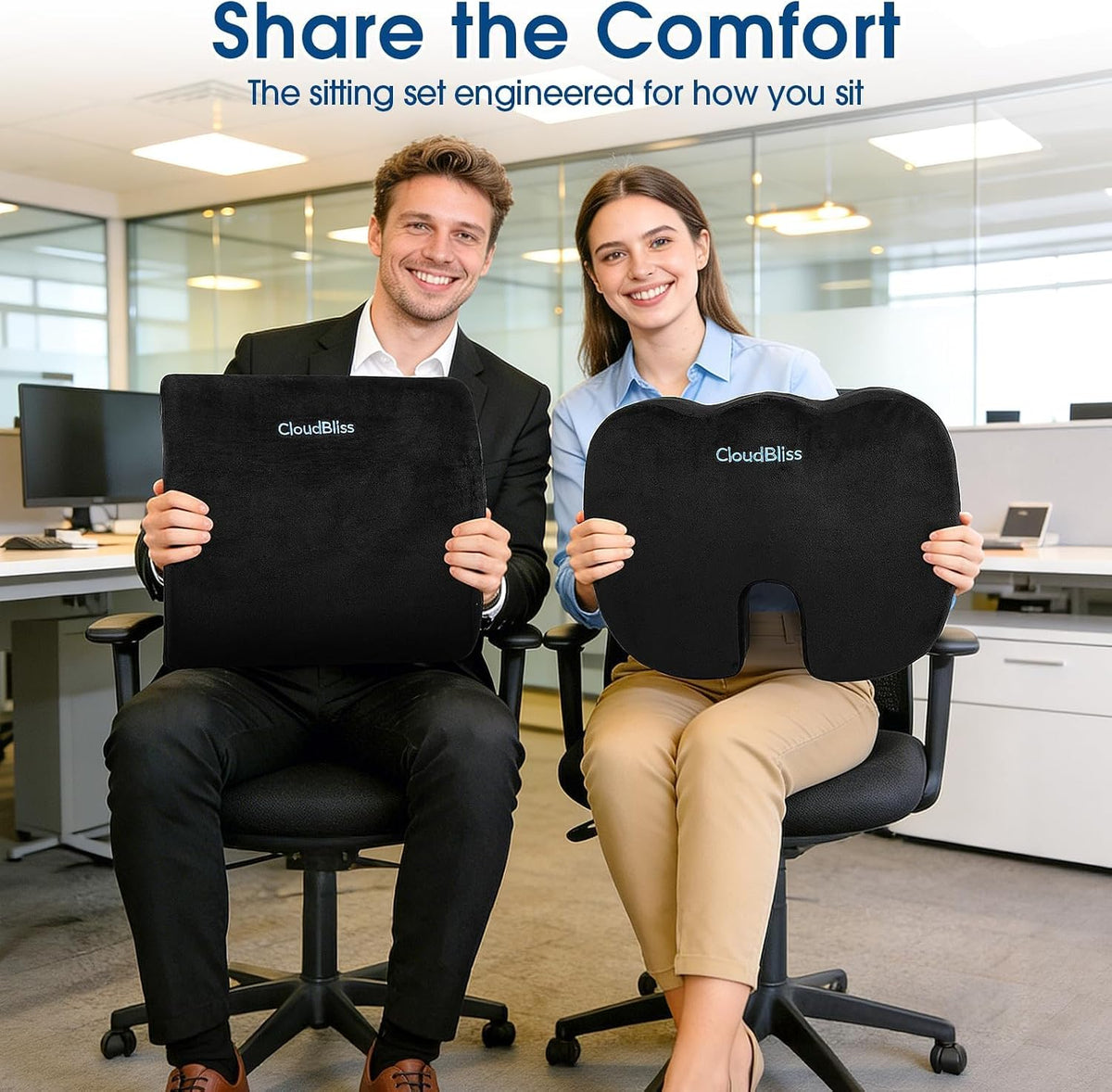 CloudBliss Ergonomic Seat Cushion & Lumbar Support Pillow Set, Black,Large