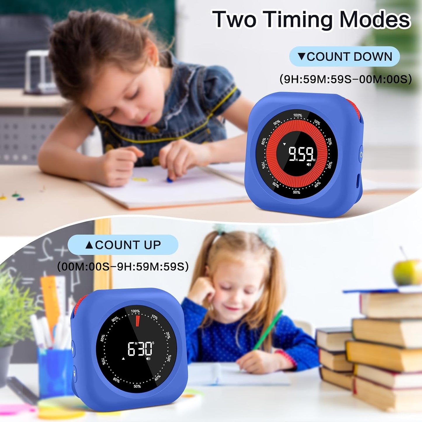 Rechargeable Digital Kitchen Timer for Cooking, Magnetic Timers with Countdown/up, Kids Timer with 5”LED Display 3 Brightness 4 Volume Adjustable for Classroom/Office/Home/Work/Fitness/Game（Blue）