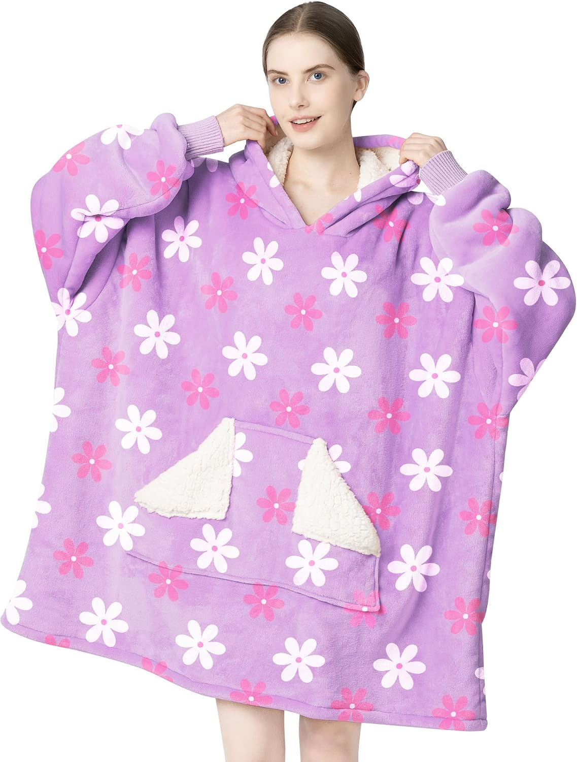 Touchat Wearable Blanket Hoodie, Oversized Sherpa Blanket Sweatshirt with Hood Pocket and Sleeves, Super Soft Warm Plush Hooded Blanket for Adult Women Men, One Size Fits All (Pink)