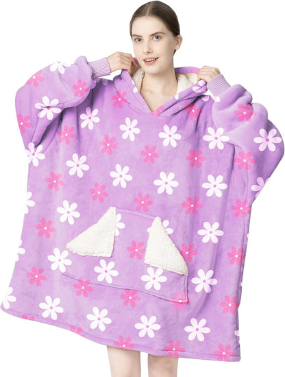 Touchat Wearable Blanket Hoodie, Oversized Sherpa Blanket Sweatshirt with Hood Pocket and Sleeves, Super Soft Warm Plush Hooded Blanket for Adult Women Men, One Size Fits All (Pink)