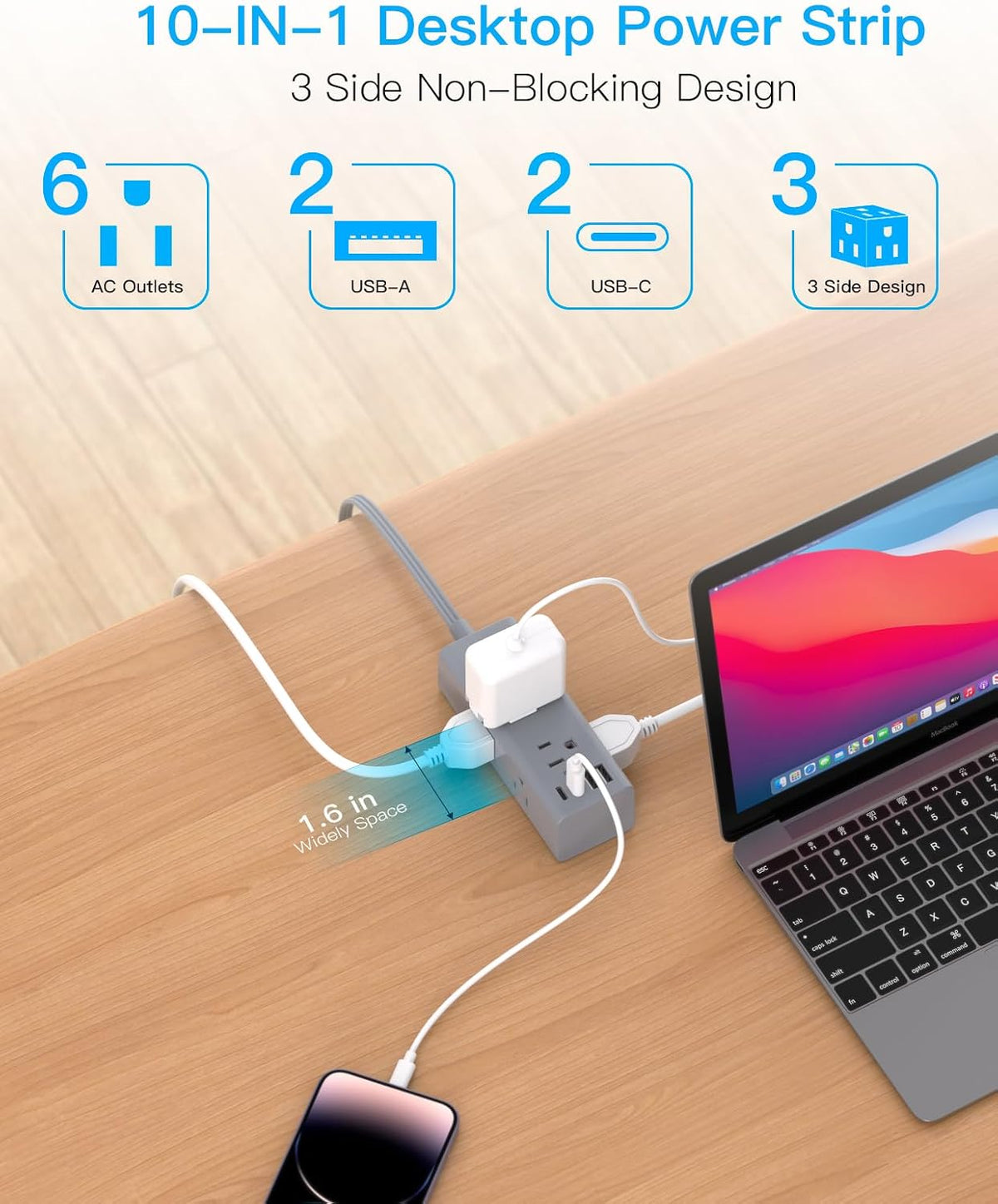 One Beat 10Ft Extension Cord with Multiple Outlets,Flat Plug Power Strip