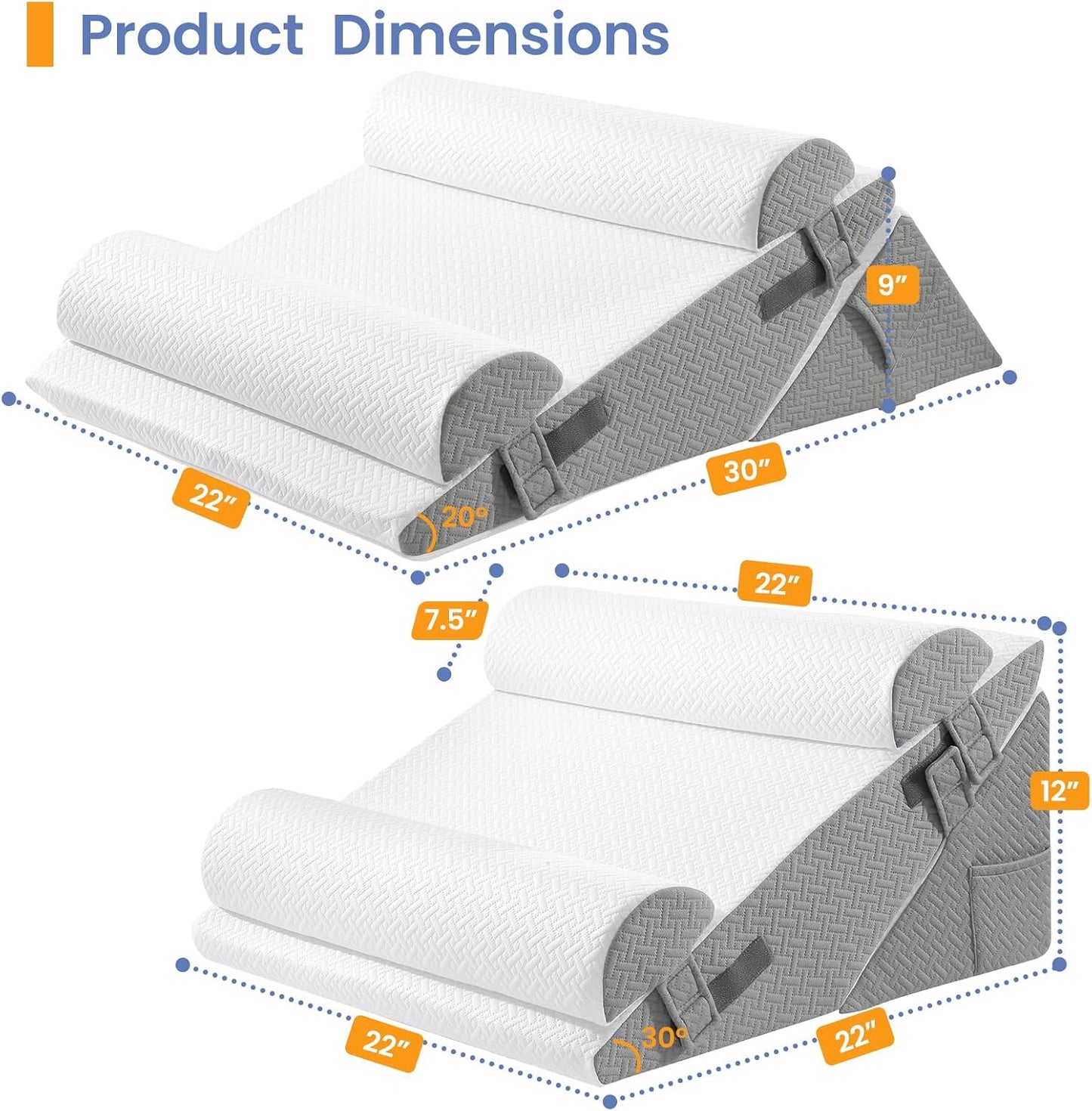 Sasttie Wedge Pillow Set for After Surgery, 2PCS Adjustable Bed Wedge Pillow Headboard with Memory Foam Neck Cushion – for Acid Reflux, Sleeping, Neck & Back Support, Dark Grey & White