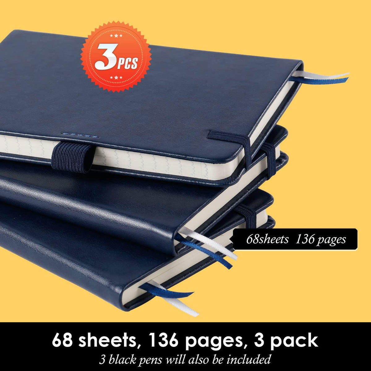 Small Notebook Pocket Journal, A6 3.7" x 5.7", 3 Pack, Black Leather Cover