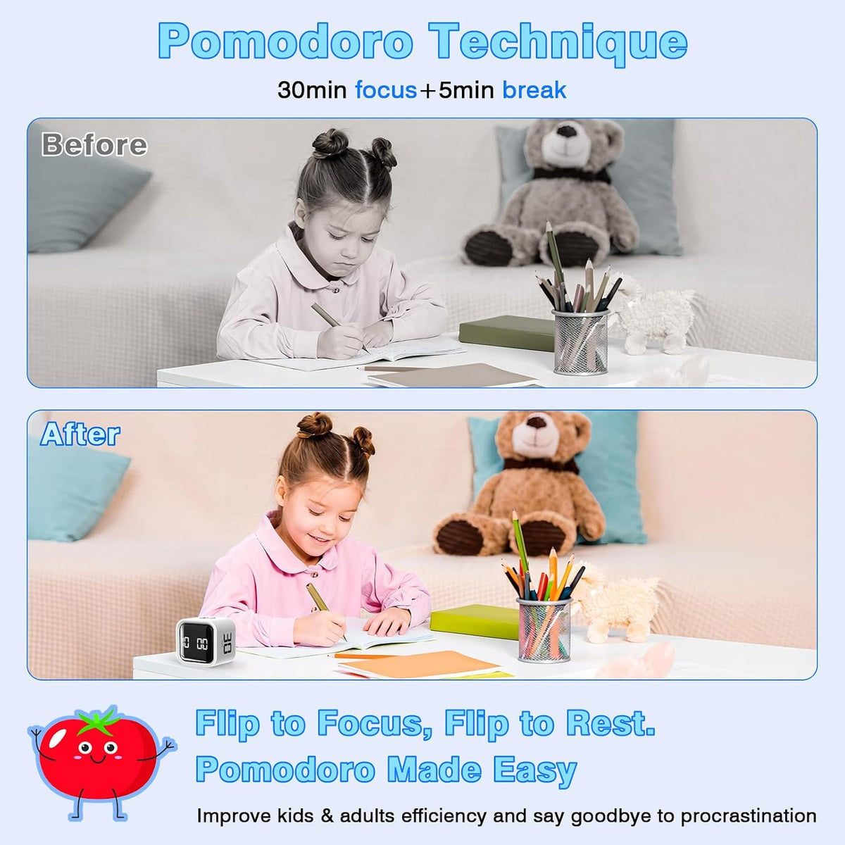 Wbacon Cube Pomodoro Timer, Smart Timer 5/10/30/60 Minutes Custom Countdown
