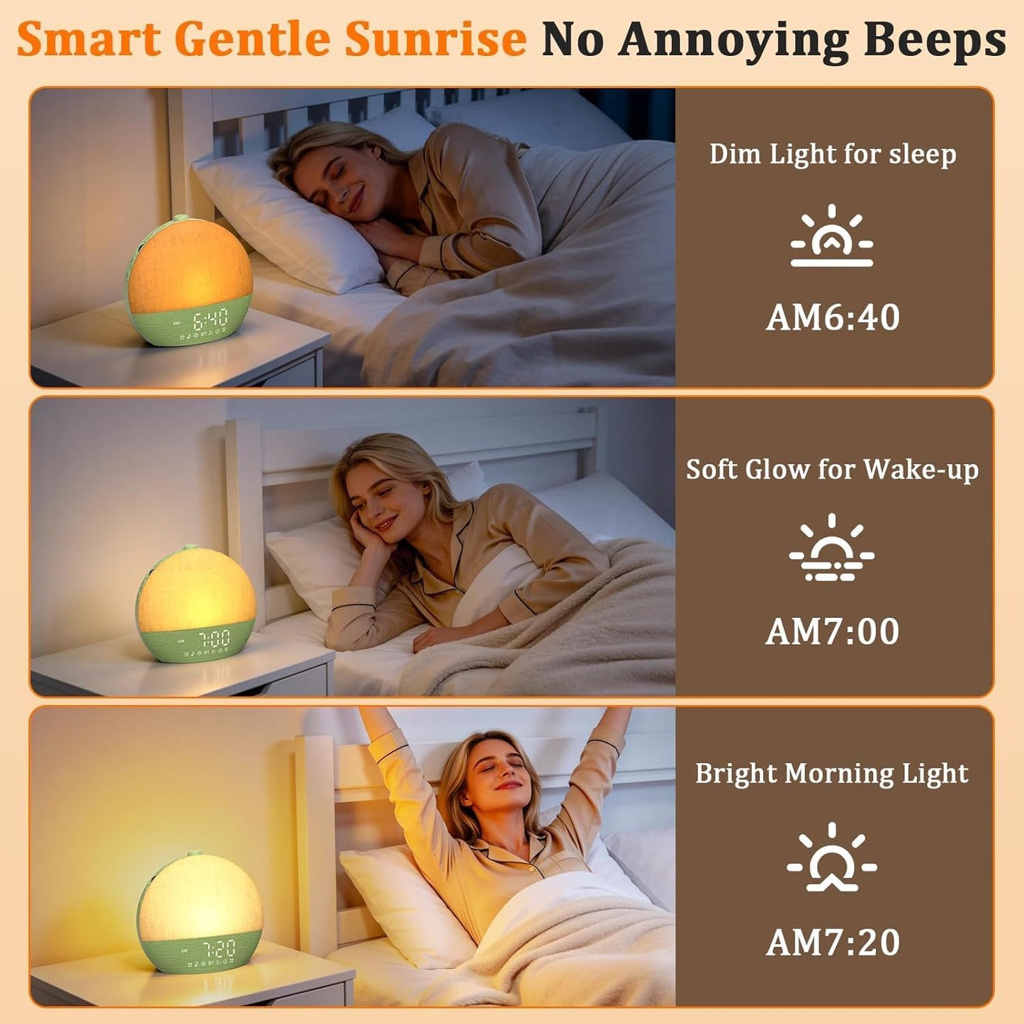 Sunrise Alarm Clock with Sound Machine - Wake Up Light, Wood Grain, Bluetooth, Dual Digital Alarm Clocks for Bedrooms, Adjustable Brightness, 30 Sleep Sounds, White Noise Machine for Baby & Adults