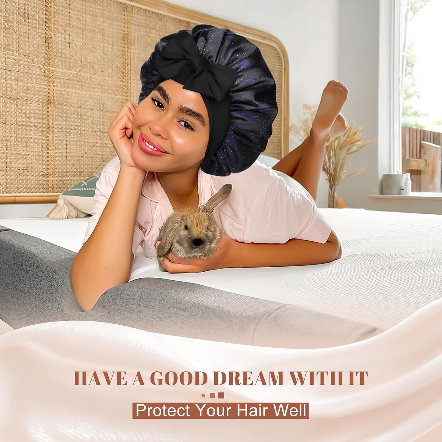 Satin Bonnet for Sleeping Cap Double Layer Hair Bonnet with Elastic Tie Band for Curly Hair Night Cap (Bean Paste + Pink)