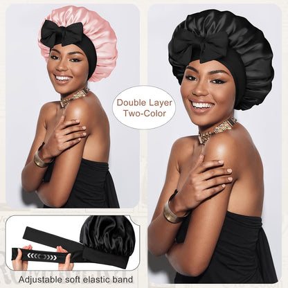Satin Bonnet for Sleeping Cap Double Layer Hair Bonnet with Elastic Tie Band for Curly Hair Night Cap (Bean Paste + Pink)