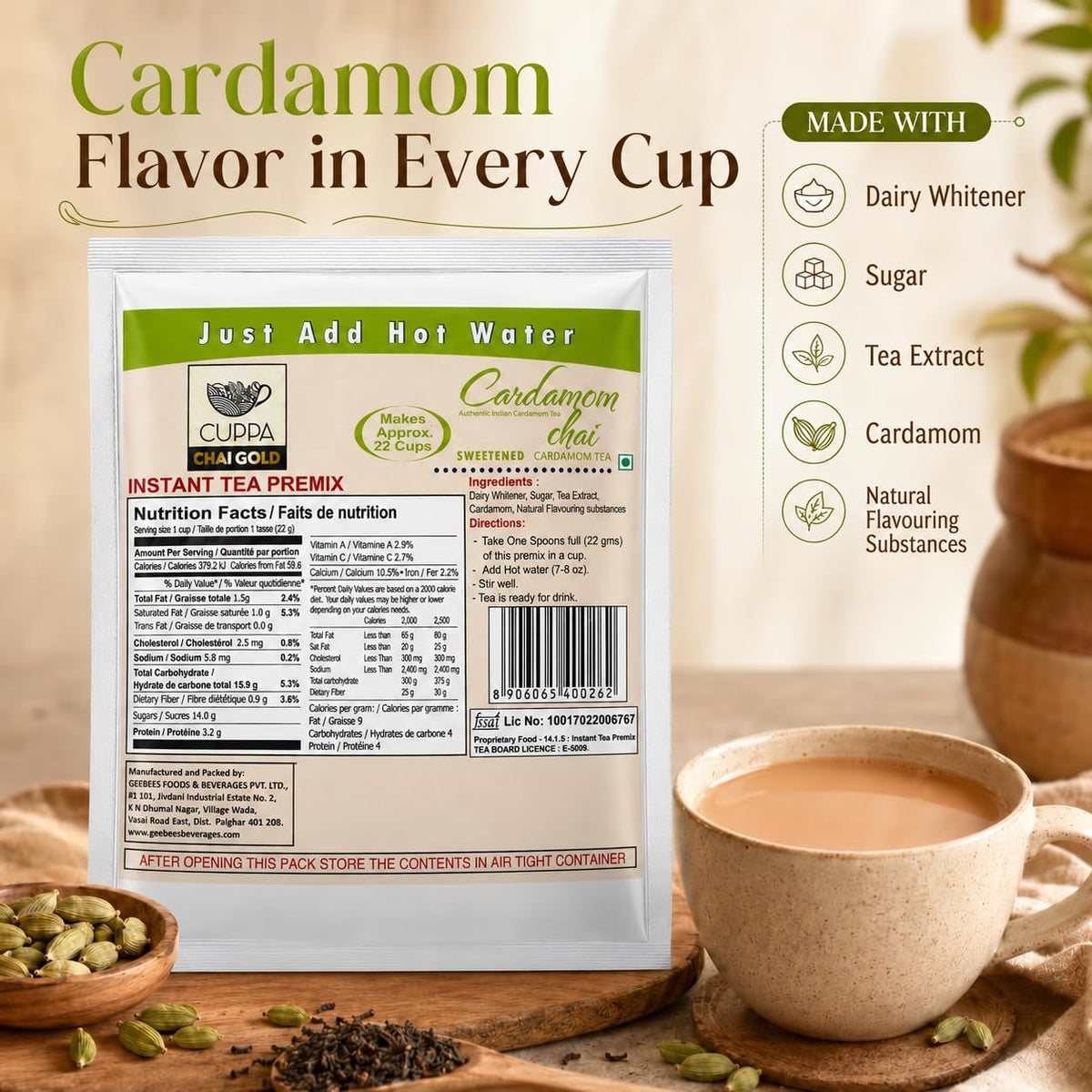Chai Gold Instant Chai Tea Premix Powder - Sweetened Milk Tea Latte Mix for Home and Beverage Dispensers - [500g / 1.1 lb Bulk Bag] (Kadak)