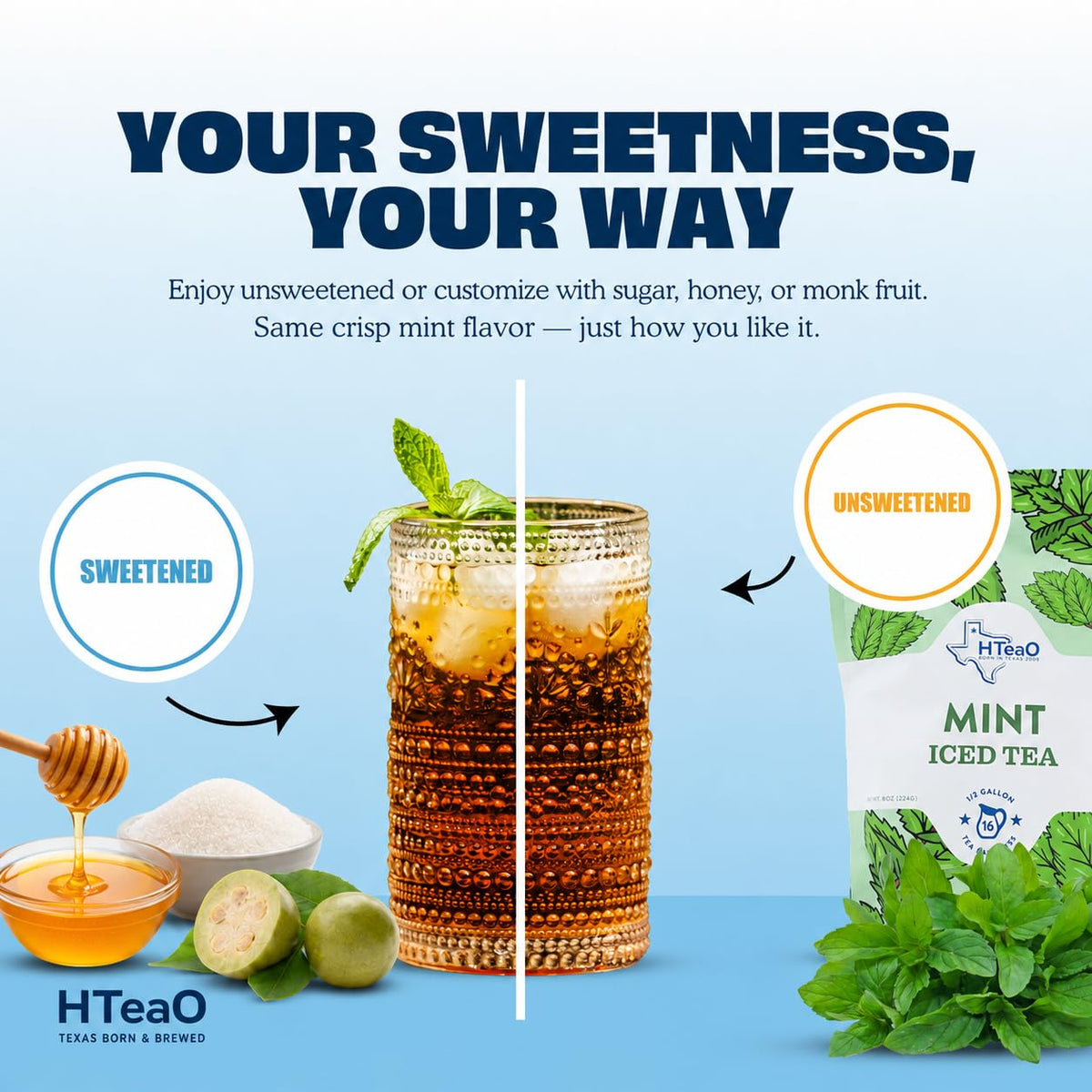 HTeaO Mint Iced Tea Bags - Makes 4 Gallons - Texas Style - Black Tea