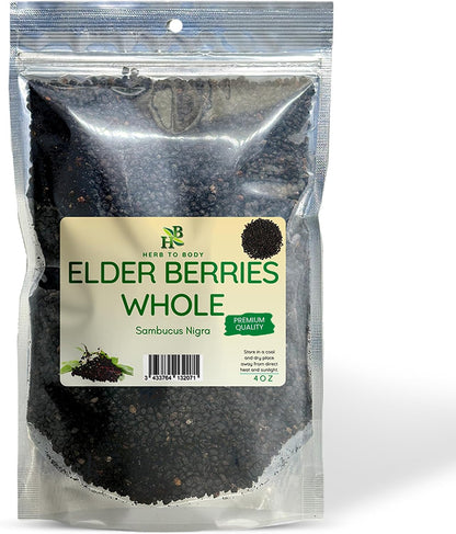 Herb To Body Organic Elderberry Dried Whole - 4oz Wildcrafted Sambucus Elderberry for Syrup, Teas, and Herbal Recipes