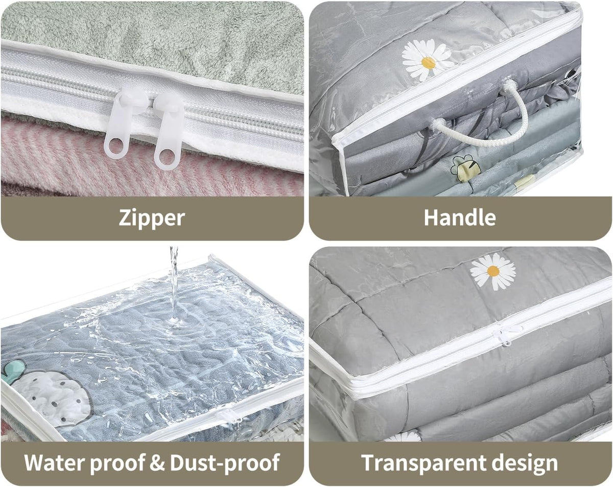 10-Pack Clear Zippered Storage Bags with Handles, Two-Way Zipper Foldable Closet Organizer, Bed Sheet Organizer, Plastic Storage Bin for Clothes, Towels