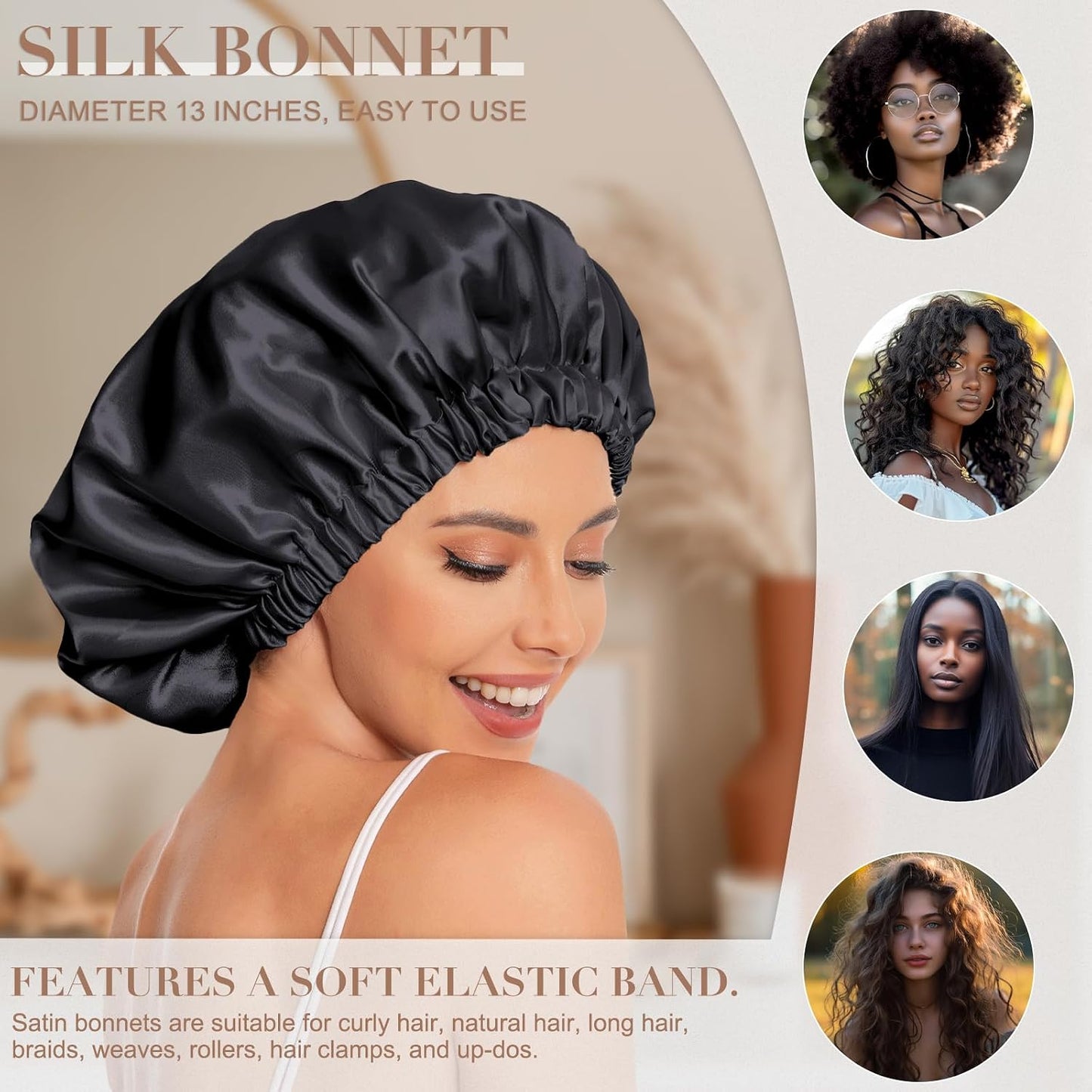 Satin Bonnet Silk Bonnet Hair Bonnet for Sleeping-Slouchy Beanie Hat Satin Sleep Cap for Women's Natural & Curly Hair(Blue Zircon)