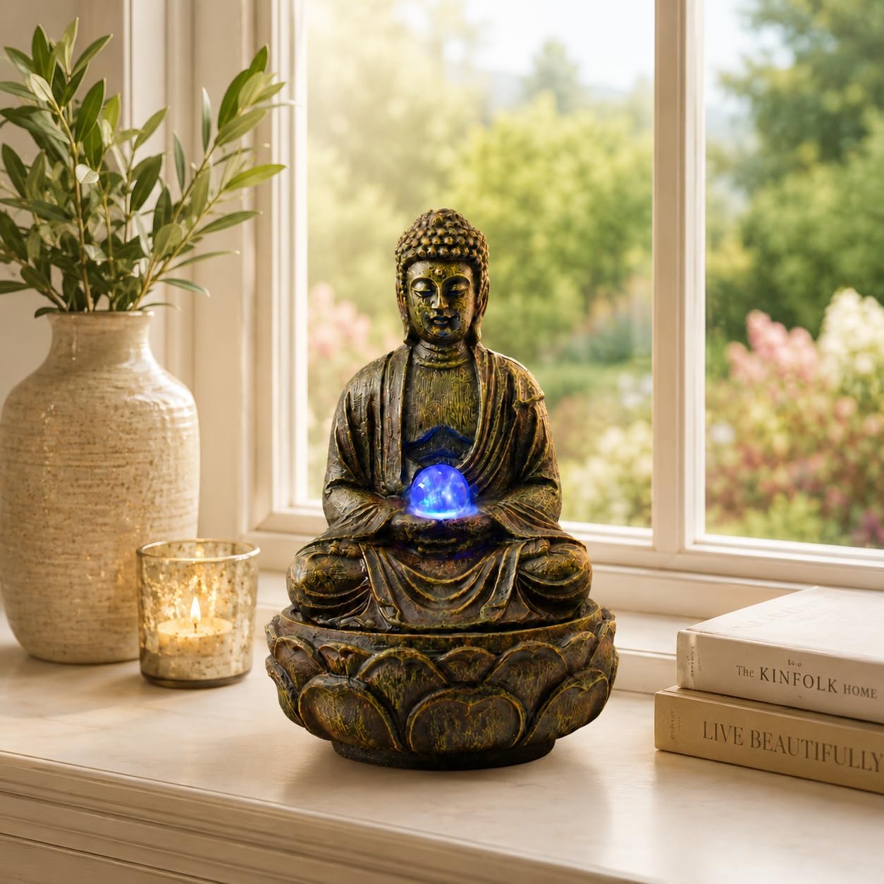 Indoor Tabletop Water Fountain with LED Light, Resin Rock-Look Waterfall Decor, Feng Shui Inspired Zen Fountain for Desk, Office, Bedroom, Living Room & Meditation Space (9" Cascading Rock)