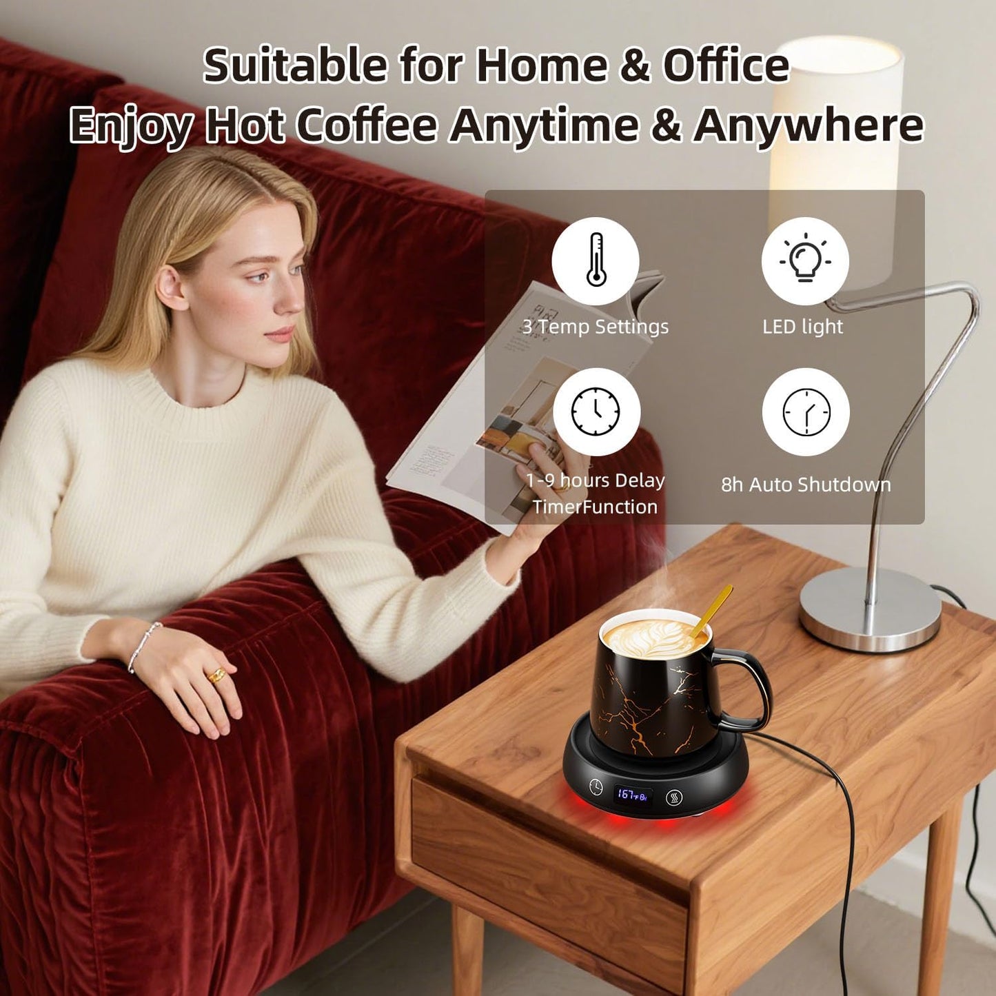 Coffee Mug Warmer Set, Smart Heated Electric Cup Warmer for Desk Office with 8H Auto Off, 1-9H Delay Startup & Shutoff Timer, 3 Temperature Control Coffee Tea Beverage Warmer, Ideal Gifts for Man