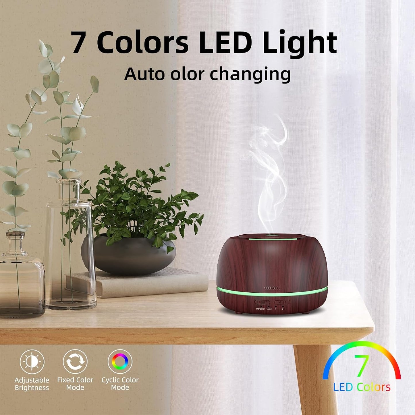 SEEDSEEL 300ML Essential Oil Diffuser,Ultrasonic Aromatherapy Diffuser, 7-Color Gradient Lights, Remote Control, 8 Hours Run Time, Suitable for Home,Office