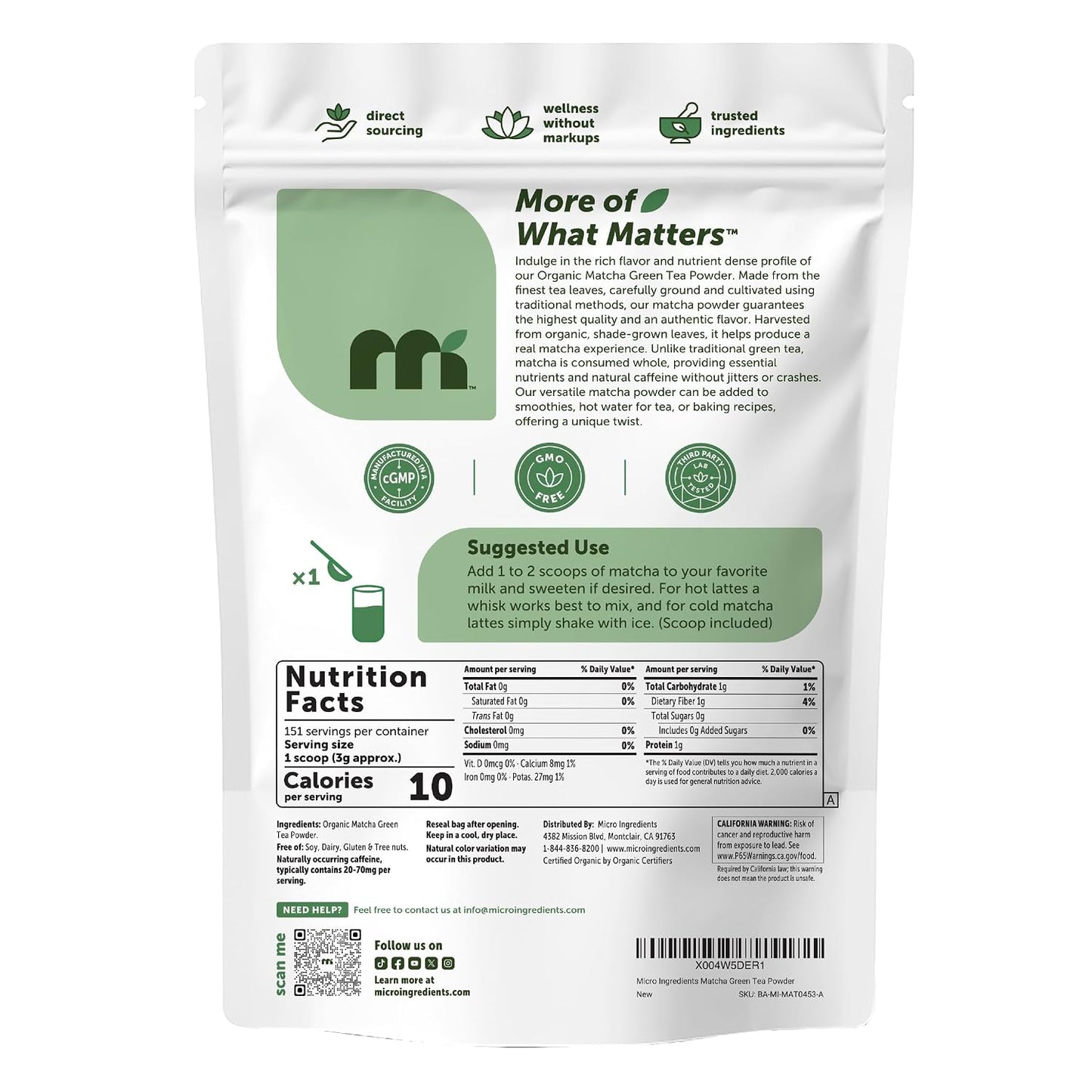 Micro Ingredients Organic Matcha Green Tea Powder, First Harvest, Culinary Grade from Japan, 100% Pure & Unflavored, Great for Tea, Latte, & Smoothies, Non-GMO, No Sugar, Eco-Friendly Packaging, 1 Lb