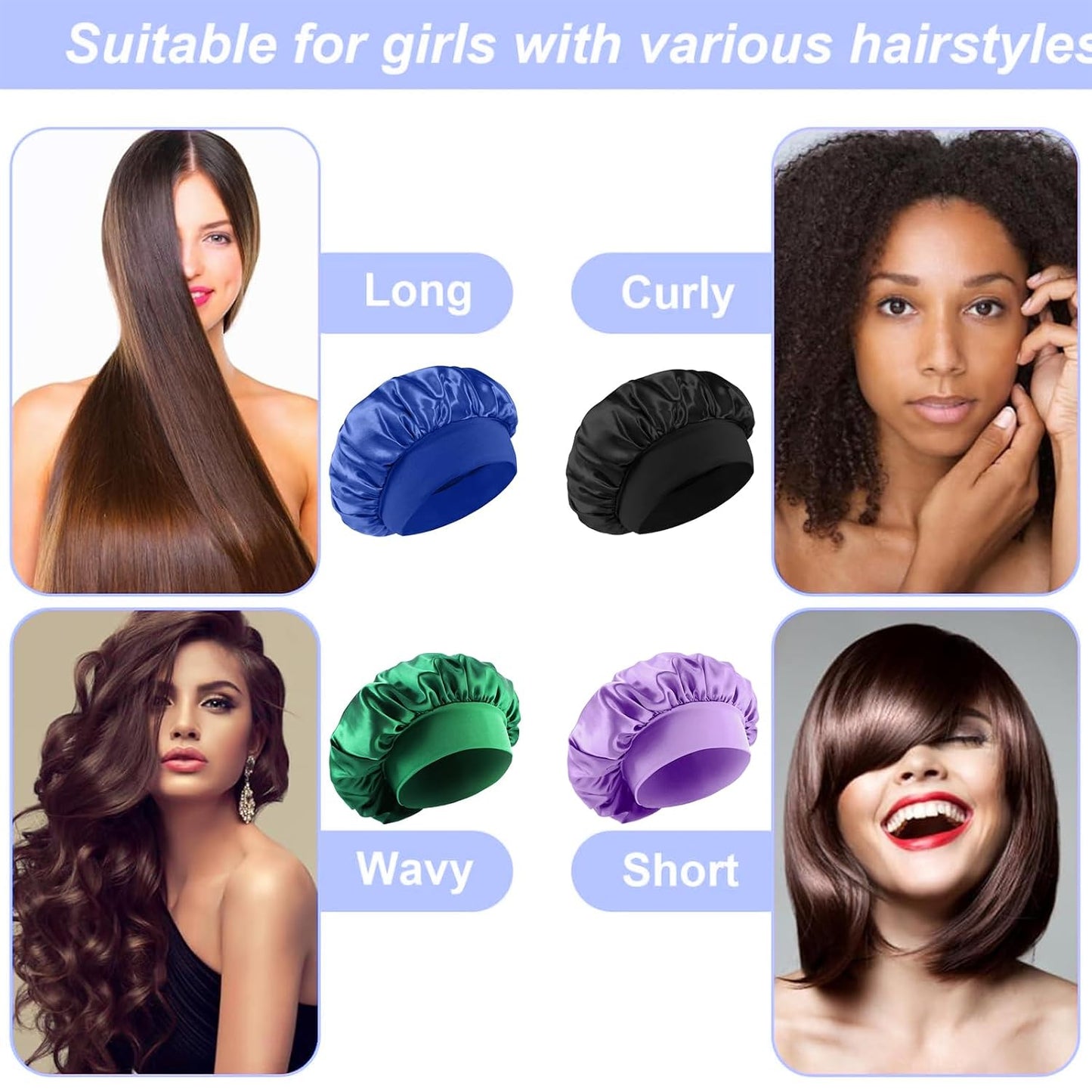 4Pcs Silk Satin Bonnets for Sleeping - Elastic Wide Band Wrap for Black Women Men,Silk Bonnets for Curly Hair,Large Hair Cap for Sleeping (Black+Wine Red+Purple+Brown)