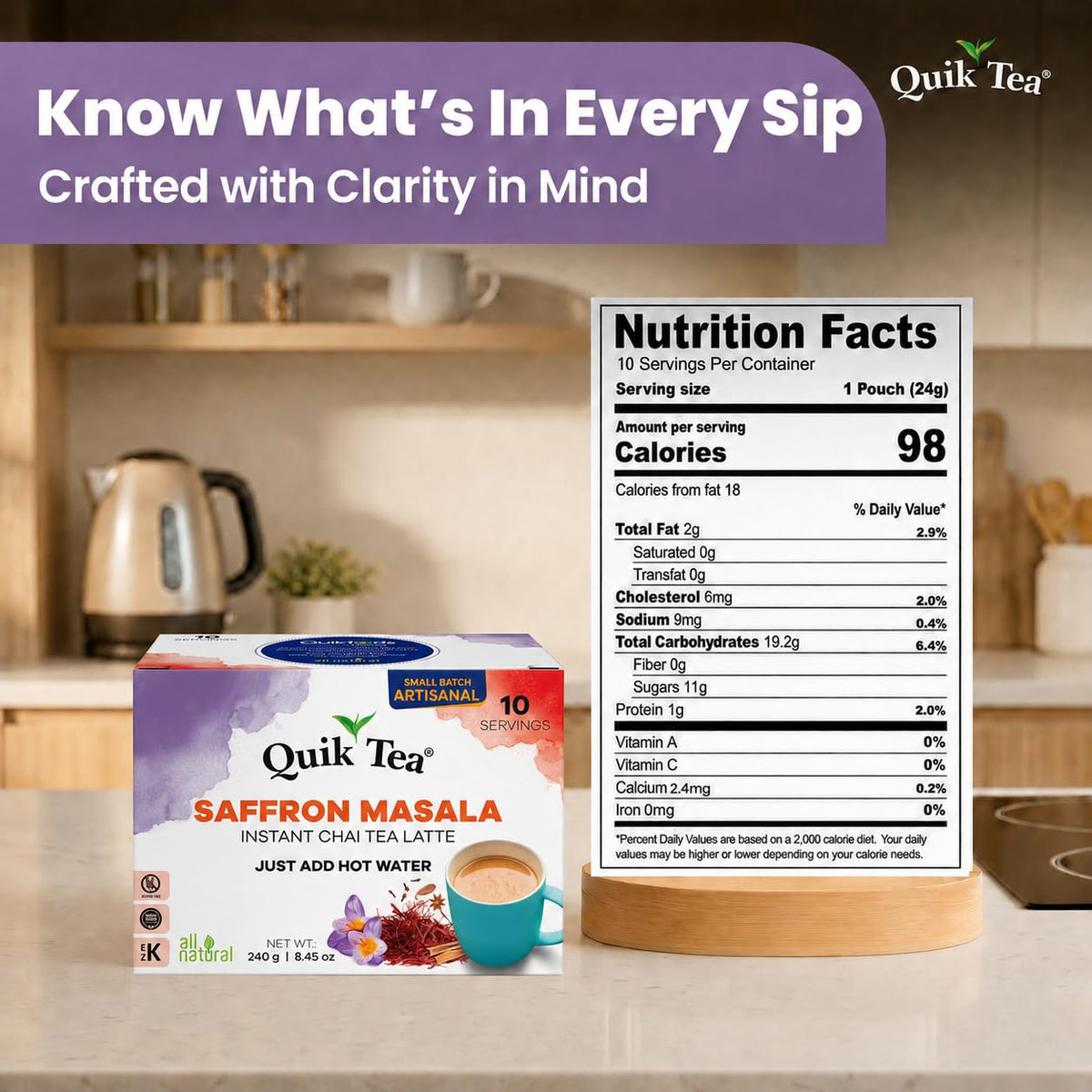 QuikTea Instant Chai Tea Latte Mix, Lemongrass, Unsweetened, 10 Sachets
