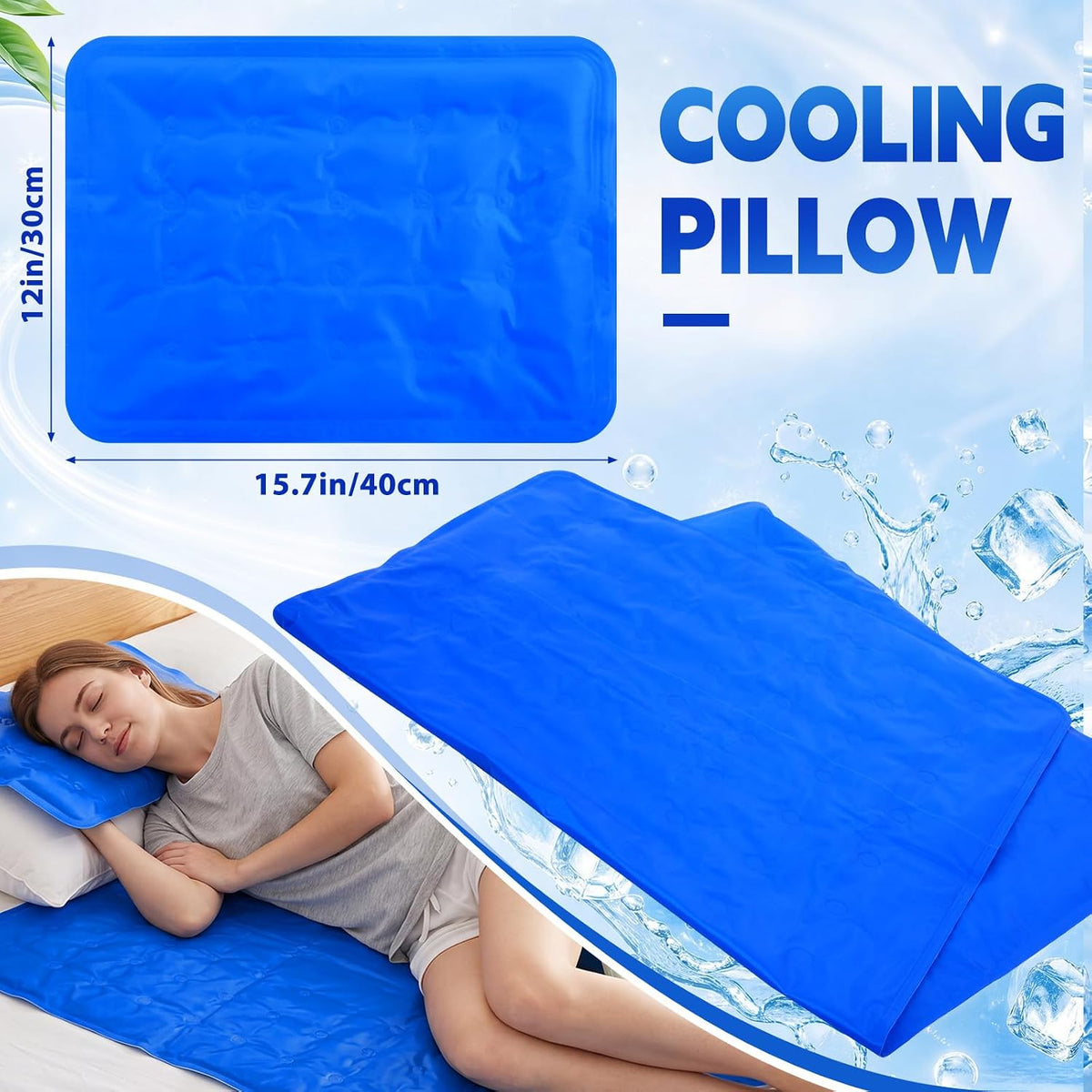 Novabright 2 Pcs Cooling Pad with Pillow Set Cold Mat Gel for Bed 47'' x 28'' Cooling Mattress Pad for Night Sweats, Hot Sleepers, Hot Flashes, Pain Relief, Summer Supplies(Simple,Sky Blue)