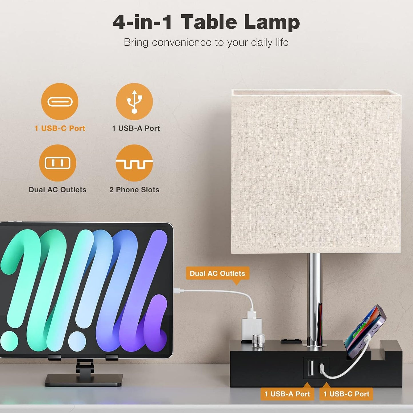 Kakanuo Fully Dimmable Nightstand Lamp for Bedroom with USB C Ports, Grey Small Bedside Table Lamp with Charging Outlets and Phone Stands, Wooden Desk Lamp for Living Room, LED Bulb Included