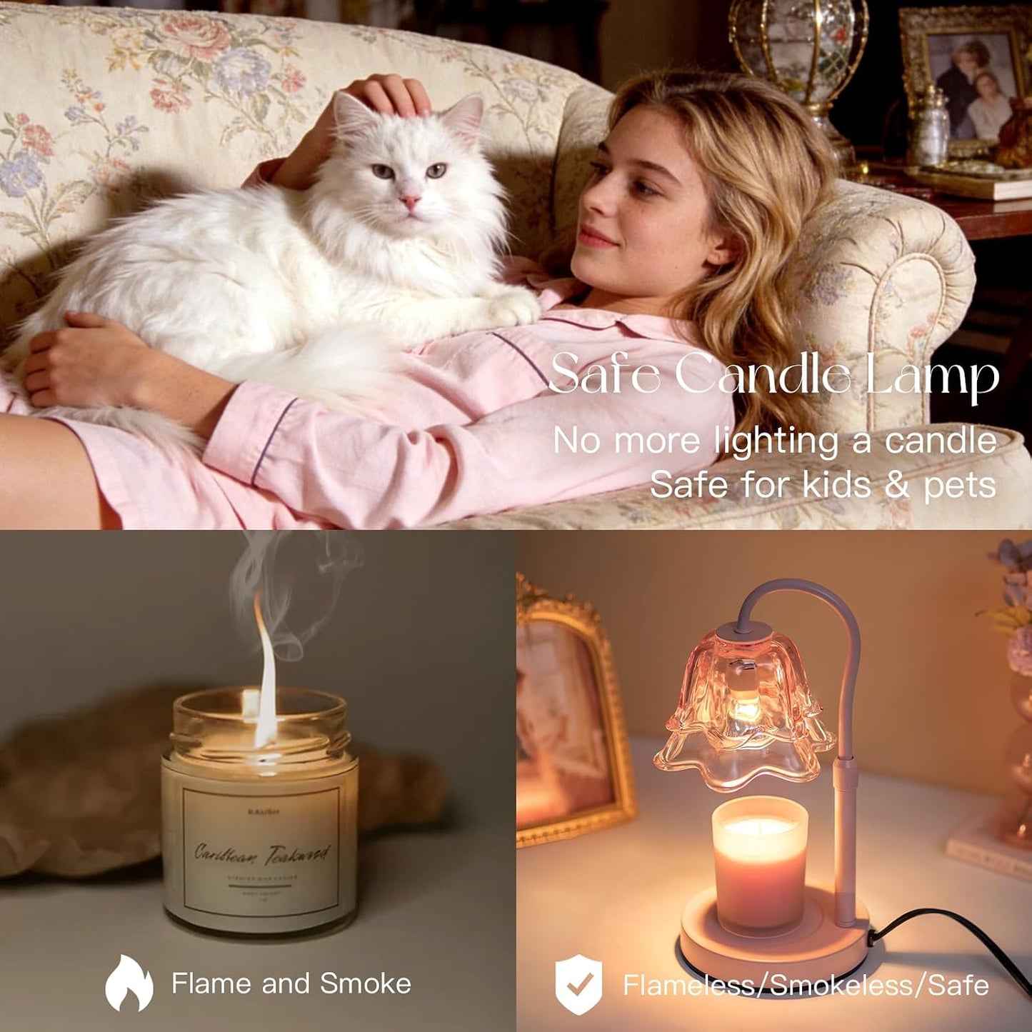 Candeldo Candle Warmer Lamp with Timer: Flower Gold Candle Lamps Height Adjustable Wax Melt House Warming Gifts New Home Decor Mothers Day Birthday Gift for Women Mom